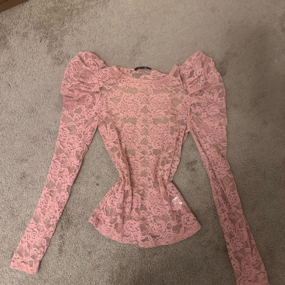 Ambiance Pink Lace Puff-Sleeve Blouse